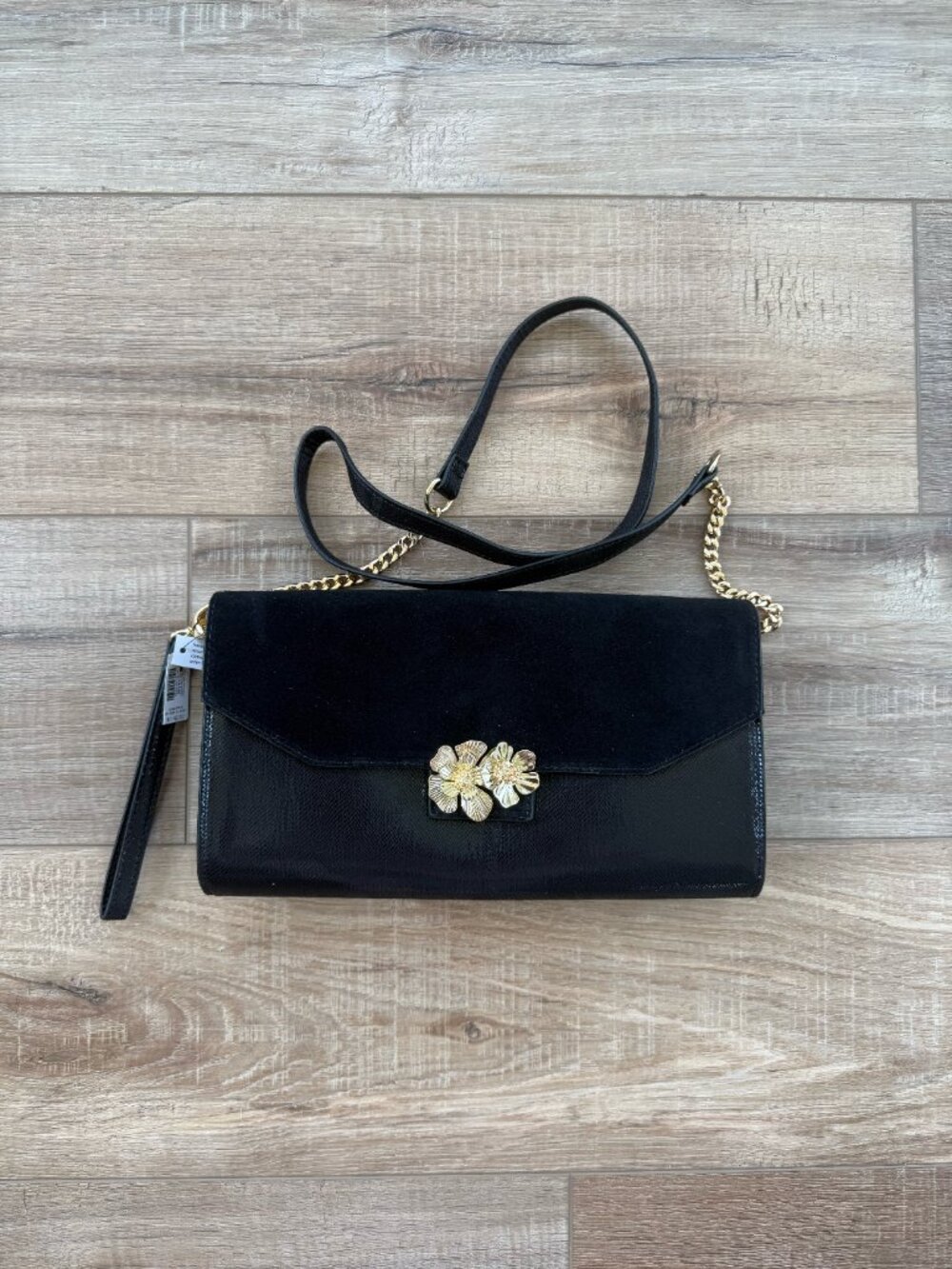 White House Black Market Black Crossbody Bag with Gold Floral Accent